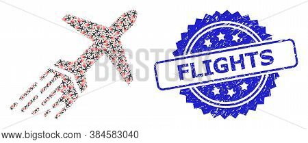 Flights Textured Stamp Seal And Vector Recursion Collage Air Liner. Blue Stamp Seal Includes Flights