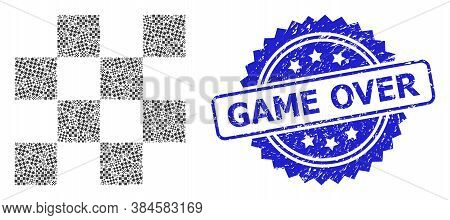 Game Over Grunge Stamp Seal And Vector Recursion Collage Chess Cells. Blue Stamp Seal Contains Game 