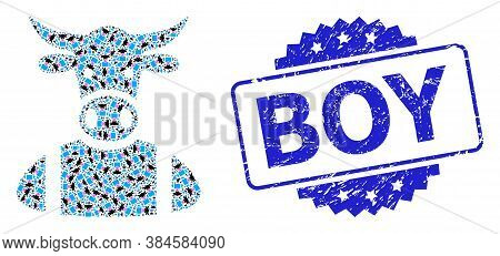 Boy Textured Stamp Seal And Vector Recursive Mosaic Cow Boy. Blue Stamp Seal Has Boy Tag Inside Rose