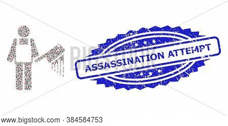 Assassination Attempt Corroded Stamp Seal And Vector Fractal Mosaic Bloody Butcher. Blue Stamp Seal 