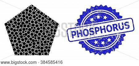 Phosphorus Grunge Stamp Seal And Vector Fractal Mosaic Filled Pentagon. Blue Stamp Seal Includes Pho