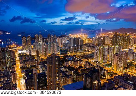 Sham Shui Po, Hong Kong 06 August 2020: Top view of Hong Kong city at night