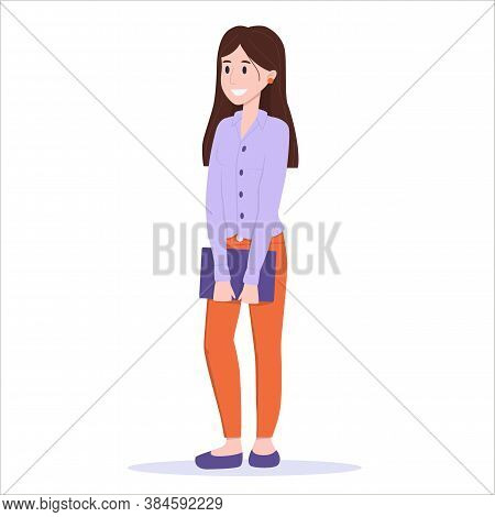 Vector Illustration: Girl With A Folder. Female Student Or Office Worker.