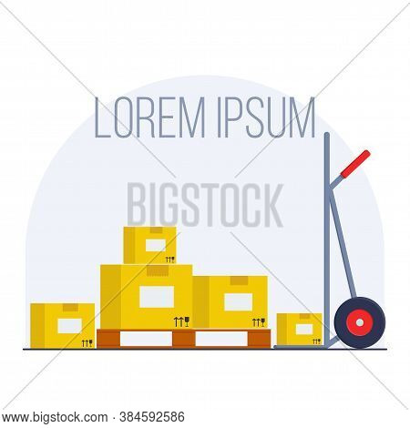 Flat Vector Illustration: Wooden Pallet With Cardboard Boxes And Trolley. Illustration For Ad Banner