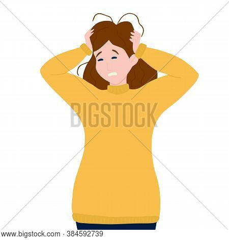 Vector Illustration: Upset Woman Holds Her Head.