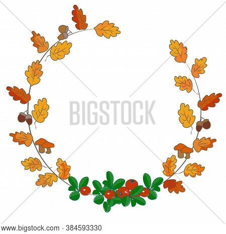 Vector Stock Illustration Of An Autumn Wreath With Falling Oak Leaves, Nuts, Acorns, Wild Berries, C