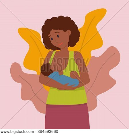 Vector Illustration: Black Woman Breastfeeds Her Baby. Breastfeeding Concept.