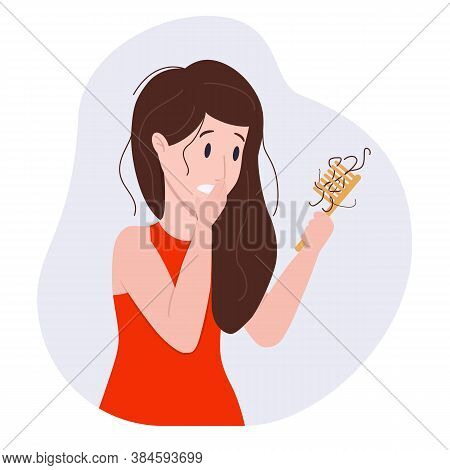 Vector Illustration: Woman With Hairbrush. Hair Loss Concept.