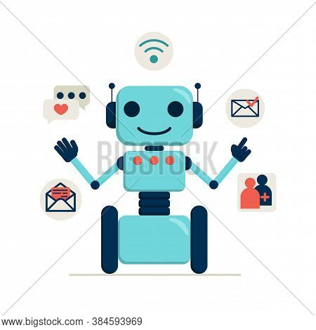 Flat Vector Illustration: Chatbot Concept. The Bot Answers User Questions.
