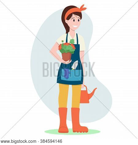 Vector Illustration: Woman Gardener. A Woman Is Holding A Pot Of Geraniums.