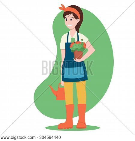 Vector Illustration: Woman With A Flower Pot. Gardening.