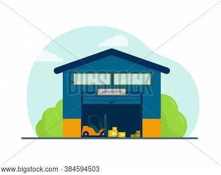 Flat Vector Illustration: Warehouse. Forklift With Boxes.