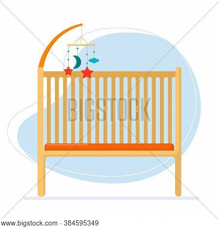 Flat Vector Illustration: Baby Cot For A Boy. Illustration For Postcards, Site.