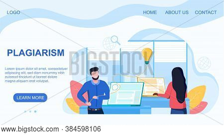 Abstract Plagiarism Concept. Man Stealing The Result Of Girls Intellectual Labor. Flat Vector Illust
