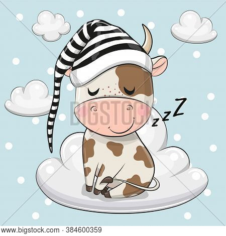 Cute Cartoon Bull Is Sleeping A On The Cloud