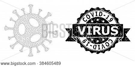 Covid-19 Virus Textured Stamp And Vector 2019-ncov Virus Mesh Structure. Black Stamp Seal Includes C