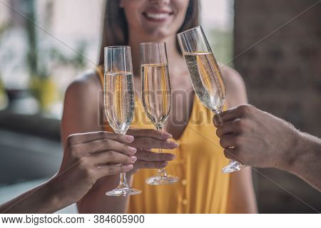 Three People Toasting Their Glasses Filled With Lcohol