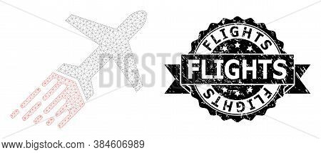 Flights Scratched Watermark And Vector Air Liner Mesh Model. Black Seal Has Flights Title Inside Rib