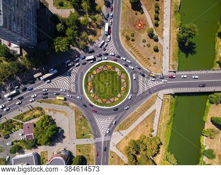 Day Aerial View To Crossroads Roundabout In Gagarina Avenue, Kharkiv, Ukraine