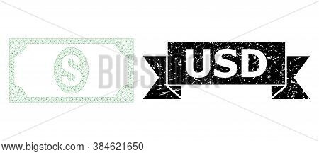 Usd Dirty Stamp Seal And Vector Usd Banknote Mesh Model. Black Stamp Includes Usd Title Inside Ribbo