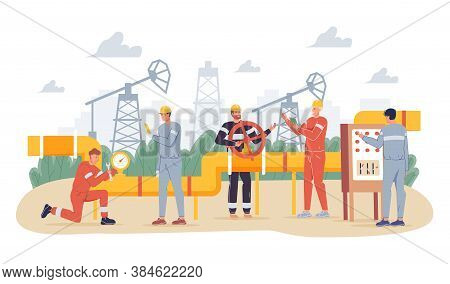 Oil Gas Industry Concept. People Oilman Worker Wearing Overalls Engaged In Gasoline Pipe Steel Const