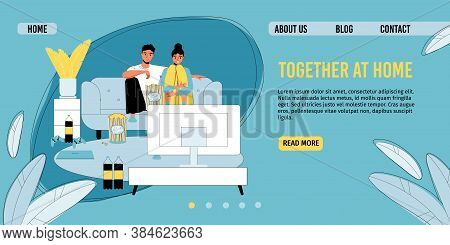 Married Couple Watching On Big Tv-set Screen. Man Woman Lovers Spend Time Together. Home Cinema. Sel