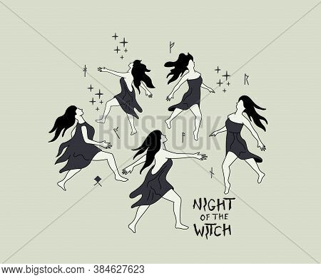 A Group Of Dancing Witches Dance In A Circle At Night. Witchcraft Charm And Spells Vector Illustrati