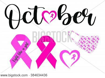 October Breast Cancer Awareness Month White Icons Set