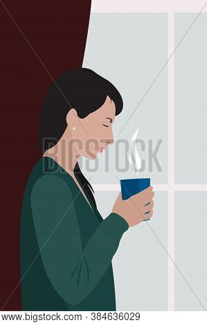 White Woman With Black Hair In Green Cardigan Holding Cup With Hot Drink Near Window, Stock Vector I
