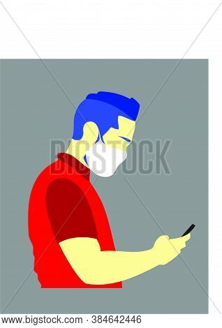 Man In Protective Mask Looks At Cell Phone
