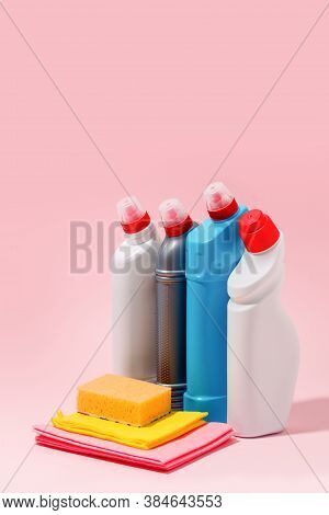 Cleaning Product Plastic Container For House Clean On Pink Pastel Background, Antibacterial Antiviru