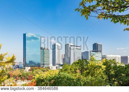 Beautiful cityscape of Osaka in autumn, group of skyscrapers  with colorful woods foregroud and blue sky background, Osaka,Japan