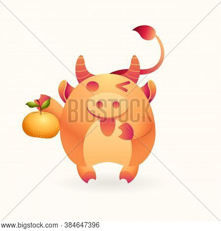 Cute Wealth Bull, Cheerful Ox Hold Longevity Orange On Isolated Background. Lunar Symbol Of Year Ble