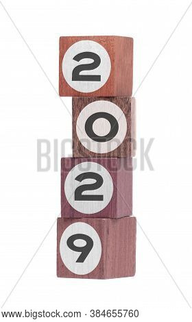 Four Isolated Hardwood Toy Blocks On White, Saying 2029