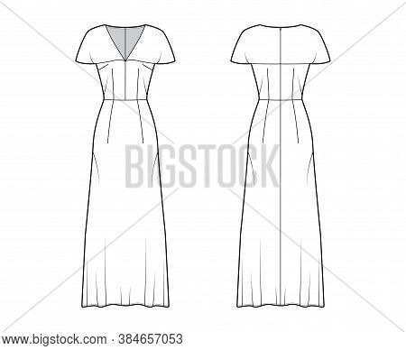 Long Dress Technical Fashion Illustration With Deep V-neck, Cape-effect Short Sleeves, Ancle Floor L