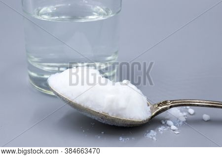 Transparent Glass Glass With Water And White Sorbent Powder For Treatment, Ingestion For Poisoning, 