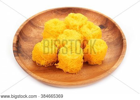 Foi Thong Thai Dessert In Wooden Tray On Background, Traditional Thai Dessert Concept Made From Egg 