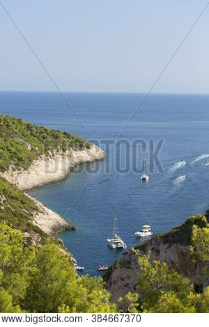 Vis, Vis Island, Croatia - September 5, 2019: Aerial View On Stiniva Beach, Adriatic Sea Bay