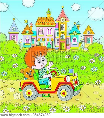 Little Boy Driving A Toy Off Road Car On A Road Out Of Town On A Summer Day, Vector Cartoon Illustra