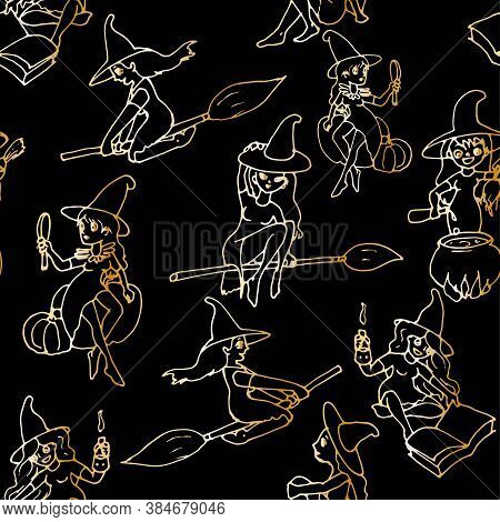 Vector Seamless Pattern. Black Witch On A Broomstick On A White Background For Your Design