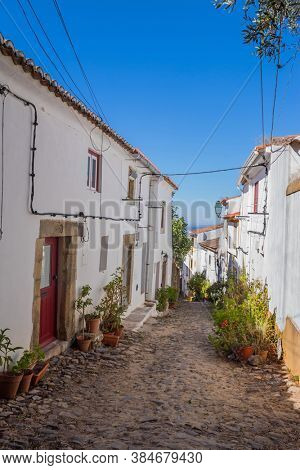 Alentejo, Portugal - August 27, 2020: Castelo de Vide typical street. Castelo de Vide, Alentejo, Portugal
