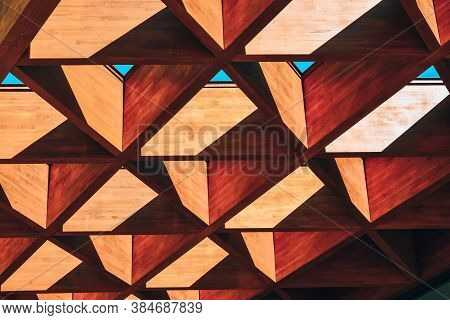 Roofing Construction. Wooden Roof Frame House Construction. Abstract Structure Background. Wood Text