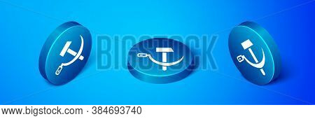 Isometric Hammer And Sickle Ussr Icon Isolated On Blue Background. Symbol Soviet Union. Blue Circle 