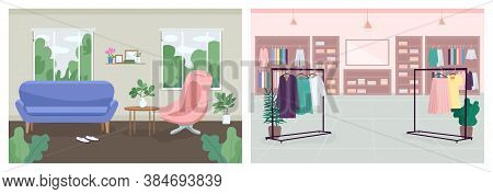 Interior Decoration Flat Color Vector Illustration Set. Consulting, Therapy Office. Cloth Boutique. 