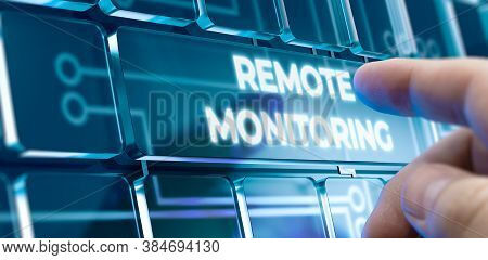Man Using A Remote Monitoring System By Pressing A Button On Futuristic Interface. Business Concept