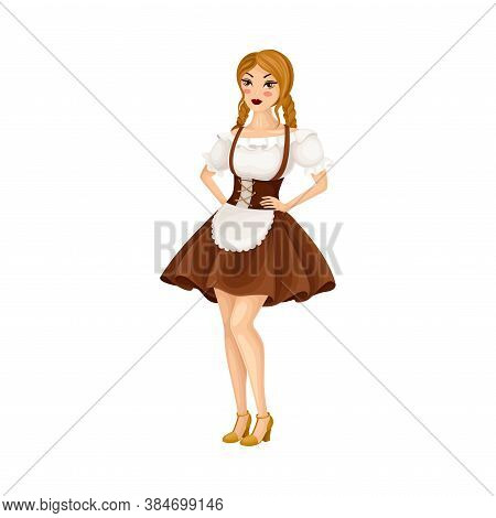 Young Female Dressed In Traditional German Or Bavarian Costume With Apron Vector Illustration