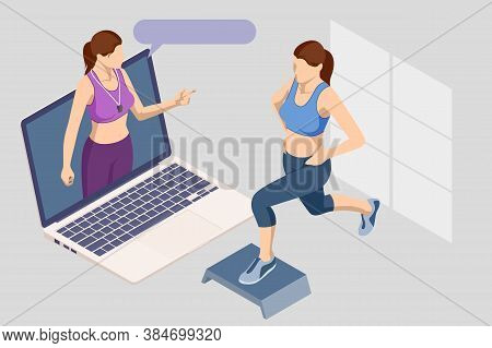 Isometric Woman Doing Fitness And Yoga Exercises. Online Fitness And Training Concept.