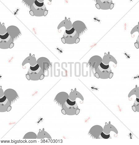 Seamless Pattern With Cute Ant-eater And Ants. Baby Print With Funny Animals.