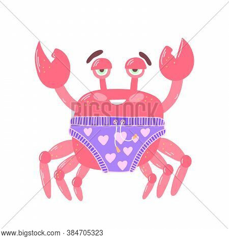 Hand Drawn Cartoon Doodle Vector Sticker Crab. Placard Template With Flat Design Elements. Retro Art