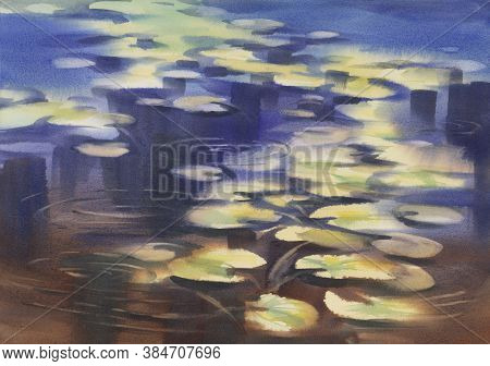 Autumn Landscape With A Pond Watercolor Background